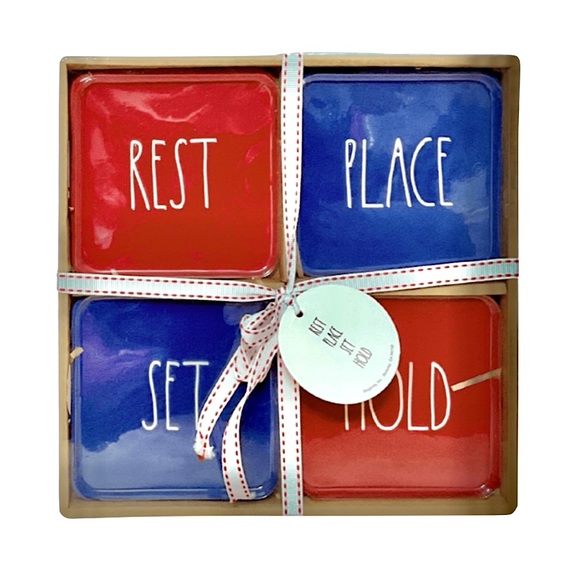 RAE DUNN REST/SET/HOLD/PLACE red/blue ceramic coaster set NIB - Picture 2 of 15